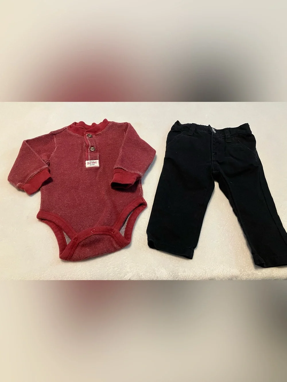 Red Baby Henley Bodysuit and Black Pants